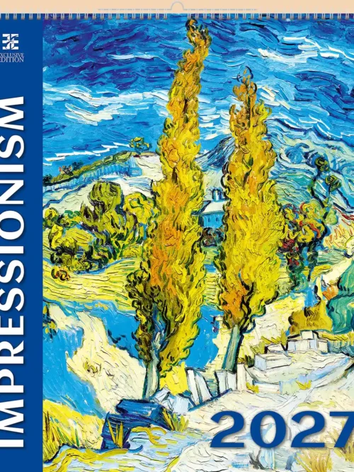 Impressionism 2027 wall calendar A2, front cover: painting of two trees in a colourful landscape