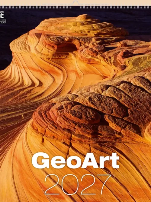 GeoArt 2027 wall calendar A2, front cover: orange sandstone layers of The Wave, Arizona, USA