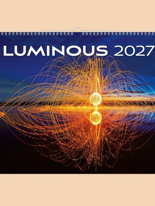 Luminous 2027 wall calendar 48 x 33 cm, front cover: light painting with spinning sparks reflected in water at night