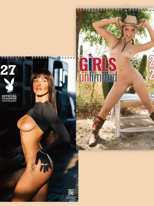 Set of two calendars, explicit nudity: front covers of Playboy 2027 and Girls Unlimited 2027-2028 calendar