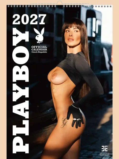 Playboy 2027 erotic calendar, front cover, erotic, full nudity: dark-haired woman with black body paint