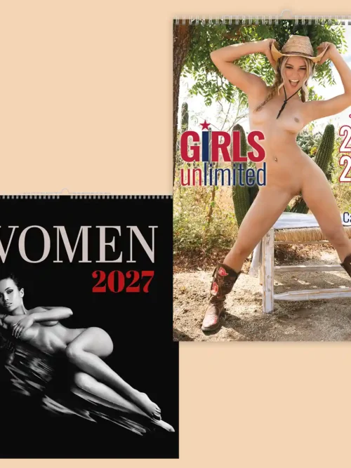 Set of two calendars, explicit nudity: front covers of Women 2027 A2 and Girls Unlimited 2027-2028 calendar