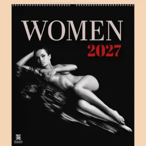 Women 2027 erotic A2 calendar, front cover, erotic, full nudity: woman lying on a reflective black surface, black and white