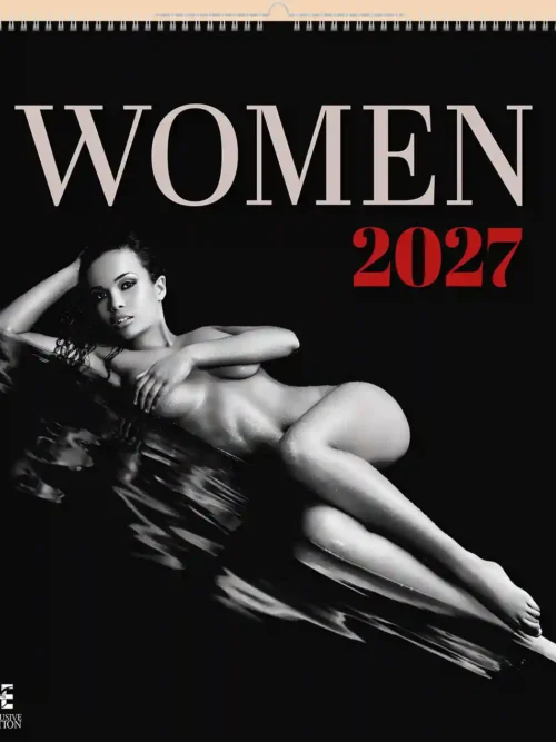 Women 2027 erotic A2 calendar, front cover, erotic, full nudity: woman lying on a reflective black surface, black and white