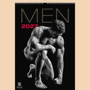 Men 2027 erotic B3 calendar, front cover, erotic, full nudity: nude muscular man kneeling, black and white