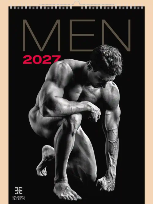 Men 2027 erotic B3 calendar, front cover, erotic, full nudity: nude muscular man kneeling, black and white