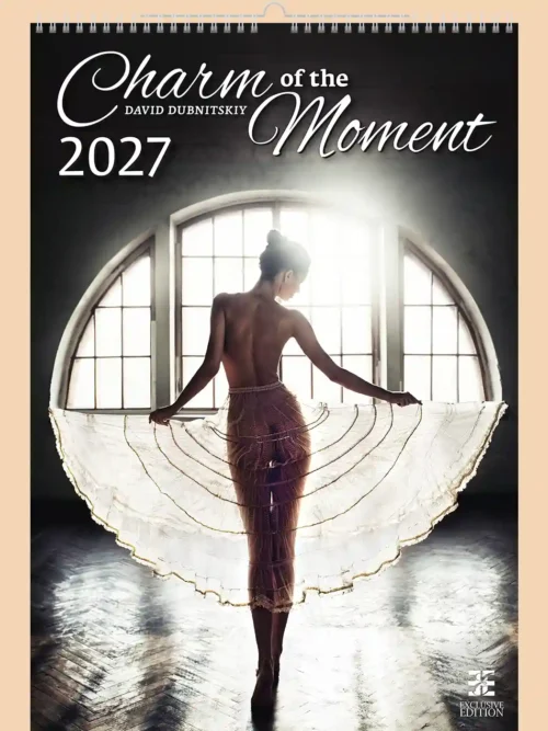 Charm of the Moment 2027 erotic wall calendar B3, front cover, erotic, full nudity: woman silhouetted against a round window