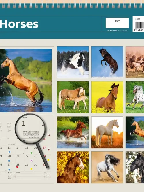 Horses 2027 writing calendar, back cover showing all monthly horse photos and a sticker sheet