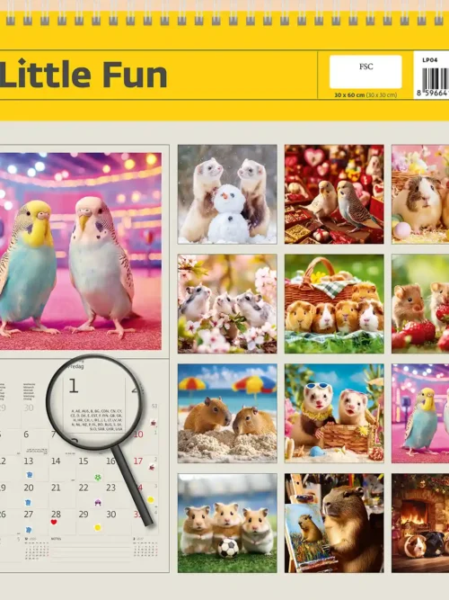 Little Fun 2027 writing calendar, back cover showing all monthly photos and a sticker sheet