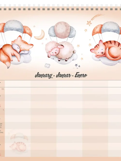 Family Planner 2027, January: watercolour baby animals sleeping, with columns for five family members