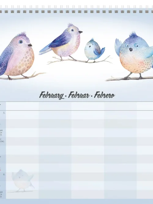 Family Planner 2027, February: watercolour blue birds, with columns for five family members